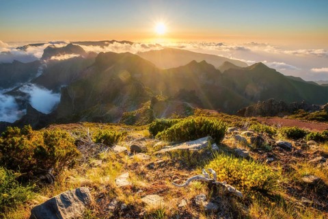 View of mountains over clouds from Pico Ruivo on sunset. Madeira island, Portugal, Europe