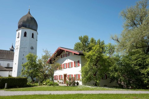 Frauenwörth bell tower and sacristan's house, Fraueninsel, Chiemsee, Bavaria, Germany, Europe