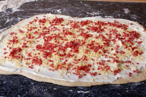 Swabian cuisine, preparation of savoury yeast plait with smoked meat, salty wreath bread, yeast