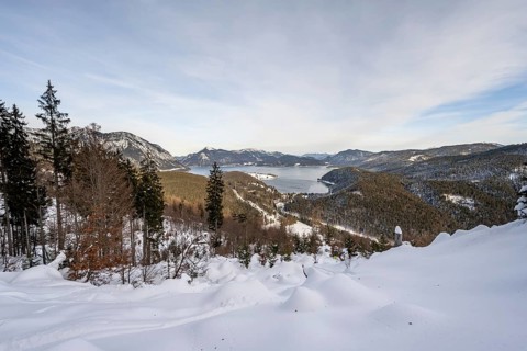 View of Walchensee and mountain panorama from Simetsberg, Estergebirge, Bavarian Prealps, Bavaria