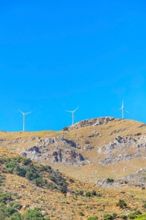 Wind turbines generating electricity, Kerames, Rethymno, Southern Crete, Crete, Greek Islands,