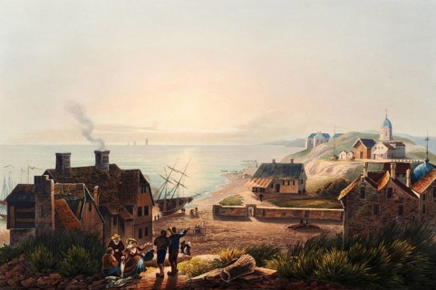 View from Scheveningen to the seaside resorts, Netherlands, view around 1830, digitally restored