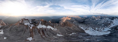 Alpine panorama, aerial view, Zugspitze and Zugspitzplatt with glacier, high mountains, Bavaria,