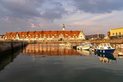 Historic harbour basin and marina Bassin du Paradis in Calais, France, Europe
