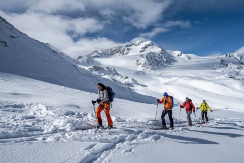 Ski tourers, behind the summit of Monte Cevedale, snow-covered mountain landscape, Ortler Alps,