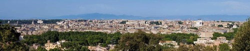 View of the city from the Gianicolo viewpoint with the Vittorio Emanuele II monument, Rome, Lazio,