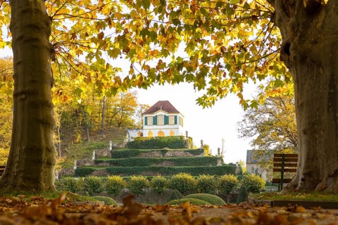 View from the castle park to the Heinrichsburg garden house in autumn, Diesbar-Seußlitz, Saxon