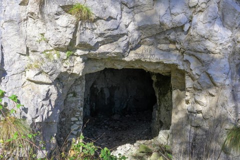 Entrance to a tunnel from the 1st World War on the Meatte hiking trail, Pieve del Grappa, province