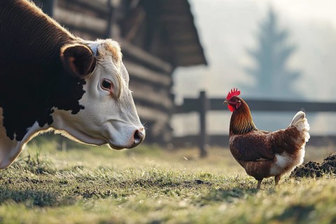 Side view of cow and chicken together at farm. Generative AI, AI generated