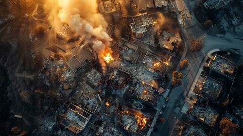 Aerial view of neighborhood in ruins from devastating fire. generative AI, AI generated