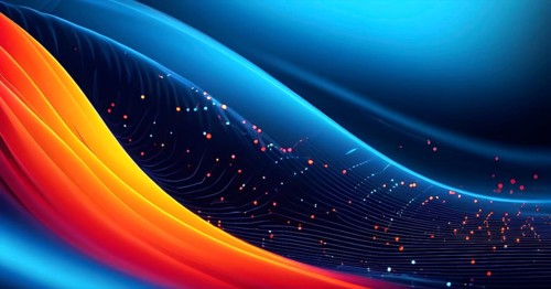 Abstract illustration of digital wave forms and circuits converging to form abstract symbols of