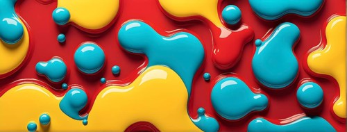 Abstract image with vibrant blue and red blobs and liquid shapes on a yellow background, AI