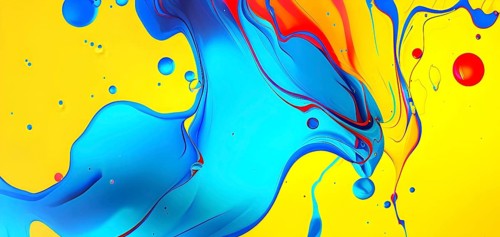 Abstract image with vibrant blue and red blobs and liquid shapes on a yellow background, AI