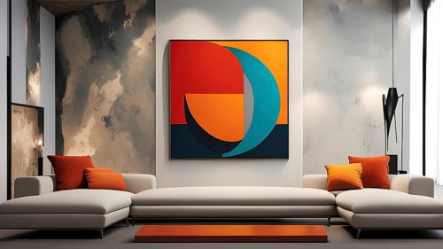 Minimalist rendering showcasing a living room with an abstract picture as symbol for human