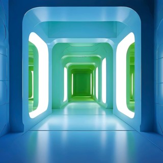Windows aligned within an elongated tunnel permeated with gradients of blue and green hues, AI