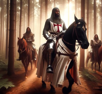 Medieval knights with the cross of the Knights Templar ride on horseback in armour through a