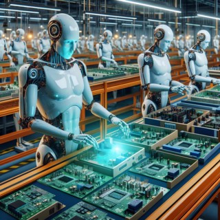 Humanoid robots assemble circuits on an assembly line in a factory, symbolic image cybernetics,