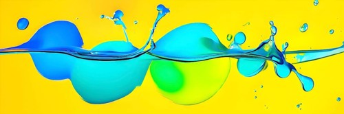 Abstract image with vibrant blue and red blobs and liquid shapes on a yellow background, AI