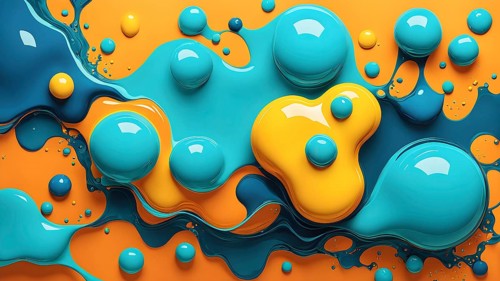Abstract wallpaper with colorful turquoise and yellow blobs and liquid shapes on a orange