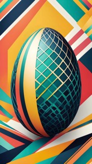 Abstract Easter egg design with geometric patterns, bold colors, and a mix of textures, creating a