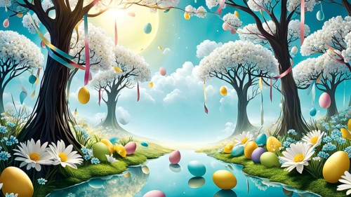 Surreal Easter scene with floating eggs, ribbons, and flowers in a dreamlike, whimsical composition