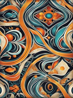 A whimsical abstract pattern with intertwined ribbons, eggs, and floral motifs, with a mix of sharp