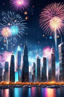 Wallpaper illustration of a cityscape on New Year's Eve, with glowing skyscrapers and floating