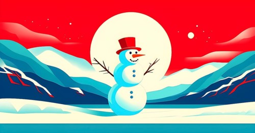 Abstract illustration of a snowman in an idyllic snowy winter landscape, hills and mountains and