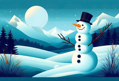 Abstract illustration of a snowman in an idyllic snowy winter landscape, hills and mountains and