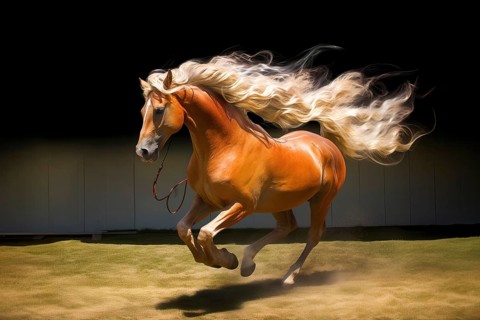 Brown horse with flamboyant mane exercising in a manege, AI generated