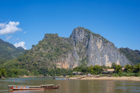 View over the Mekong at the Pak Ou Caves, Luang Prabang Province, Laos, Asia