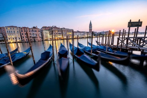 Venetian gondolas, boat dock at the customs office on the Grand Canal, Gondola Traghetto Dogana,