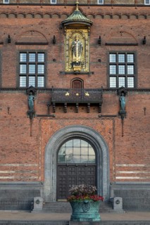 Entrance and brick façade with gilded sculpture of Bishop Absalon, Town Hall in the National