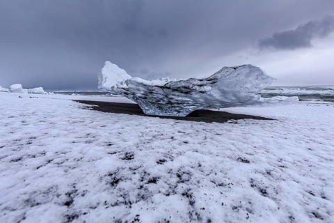 Ice floes on the beach, snowy, waves, sea, clouds, winter, Diamond Beach, Breidamerkursandur,
