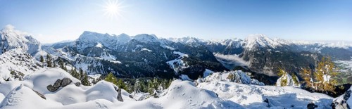 Panorama, Snow-covered summit of the Jenner with viewing platform in autumn, view of the sea of