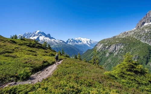 Mountaineer on hiking trail, mountain panorama with glaciated mountain peaks, Aiguille Verte with