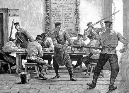 Gun cleaning in the barracks, soldiers, Germany, in 1880, Historical, digital reproduction of an