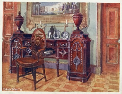 Furniture around the turn of the century 1900, Sideboard with carved mahogany pedestal, Oval