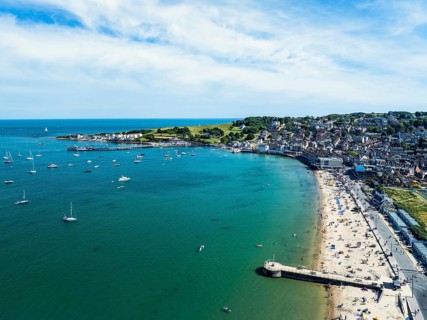 Swanage and Swanage Bay from a drone, Jurassic Coast, Dorset Coast, Poole, England, United Kingdom,