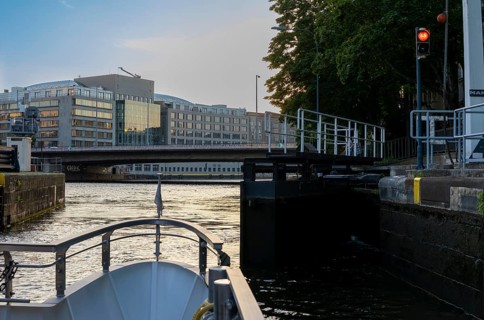 Bow of a motor vessel in the Mühlendamm lock, Berlin, Germany, Europe