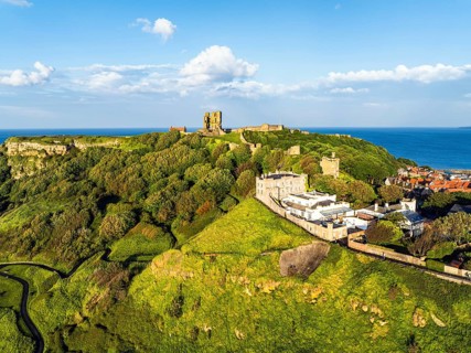 Scarborough Castle from a drone, Scarborough, North Yorkshire, England, United Kingdom, Europe