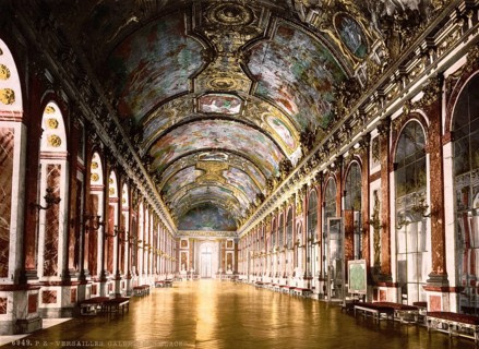 Hall of Mirrors in Versailles, France, ca 1890, Historical, digitally restored reproduction from a