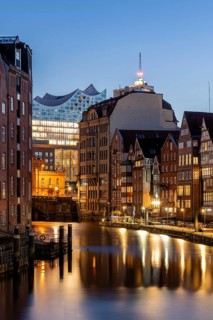 Nikolaifleet with Elbe Philharmonic Hall at the blue hour, Hamburg, Germany, Europe