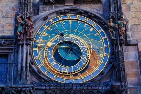Detail, Famous medieval astronomical clock attached to the tower of the Old Town Hall. Built in