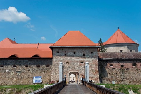 A historic fortress with red roofs under a clear blue sky, access via a bridge, Fortress, Fagaras,