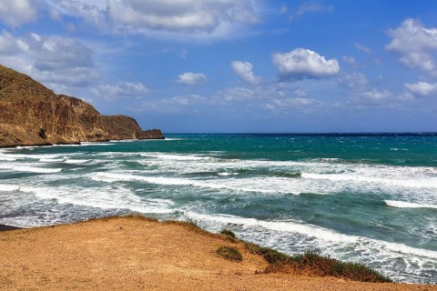 View of rocky coast, coastline at La Isleta del Moro, Almeria, Cabo de Gata, Cabo de Gata-Nijar,