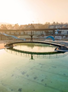 A person stands on a bridge over a swimming pool with green frozen water in the winter sun, ENCW