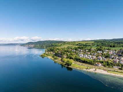Aerial view of Lake Constance with the Landesgartenschaugelände and Uferpark, Goldbach, Überlingen,