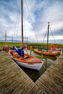 Sailing boats in Althagen harbour on the Saaler Bodden, evening mood, Ahrenshoop,