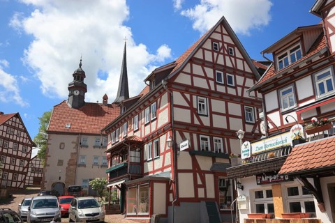Half-timbered houses and town hall, Schlitz, small town in the east of the Vogelsberg district in